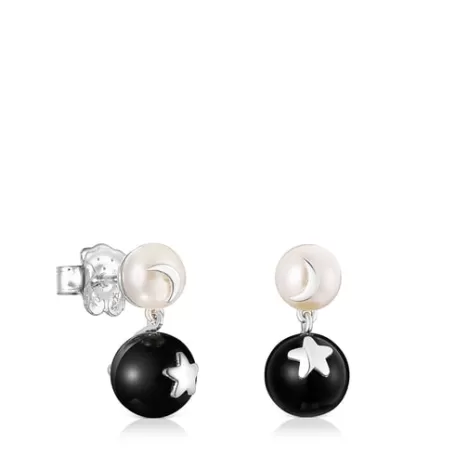 Flash Sale Pendientes luna-estrella perla y onix Magic Nature Pendientes De Plata